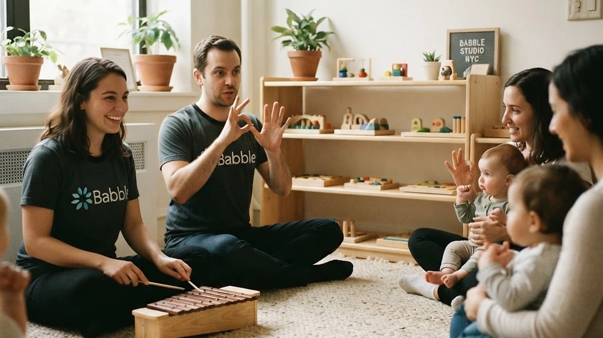 ASL group lesson with xylophone musician in a Babble logo t-shirt