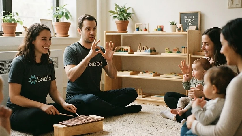 ASL group lesson with xylophone musician in a Babble logo t-shirt