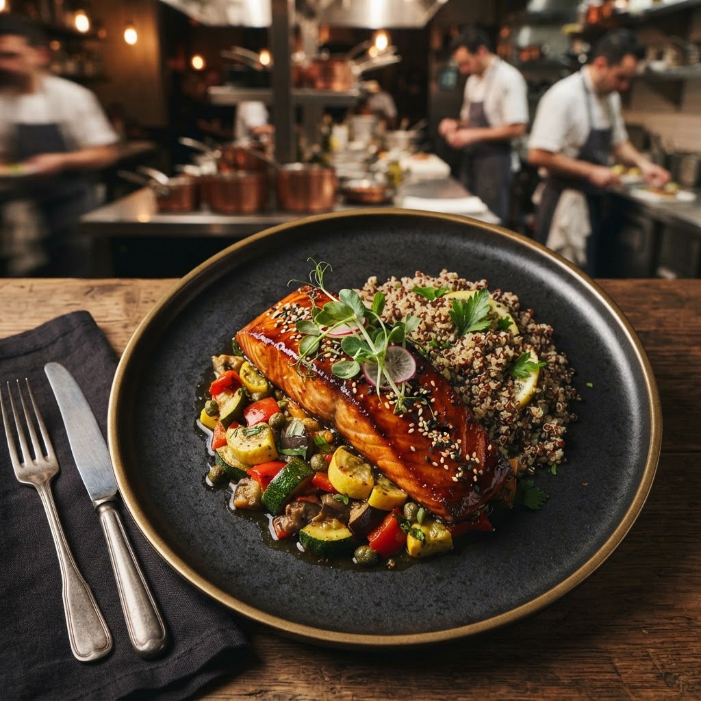 Bourbon Soy Glazed Salmon over Caponata