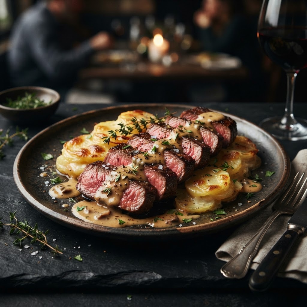 Sirloin Steak à la Dauphinoise with Diane Sauce