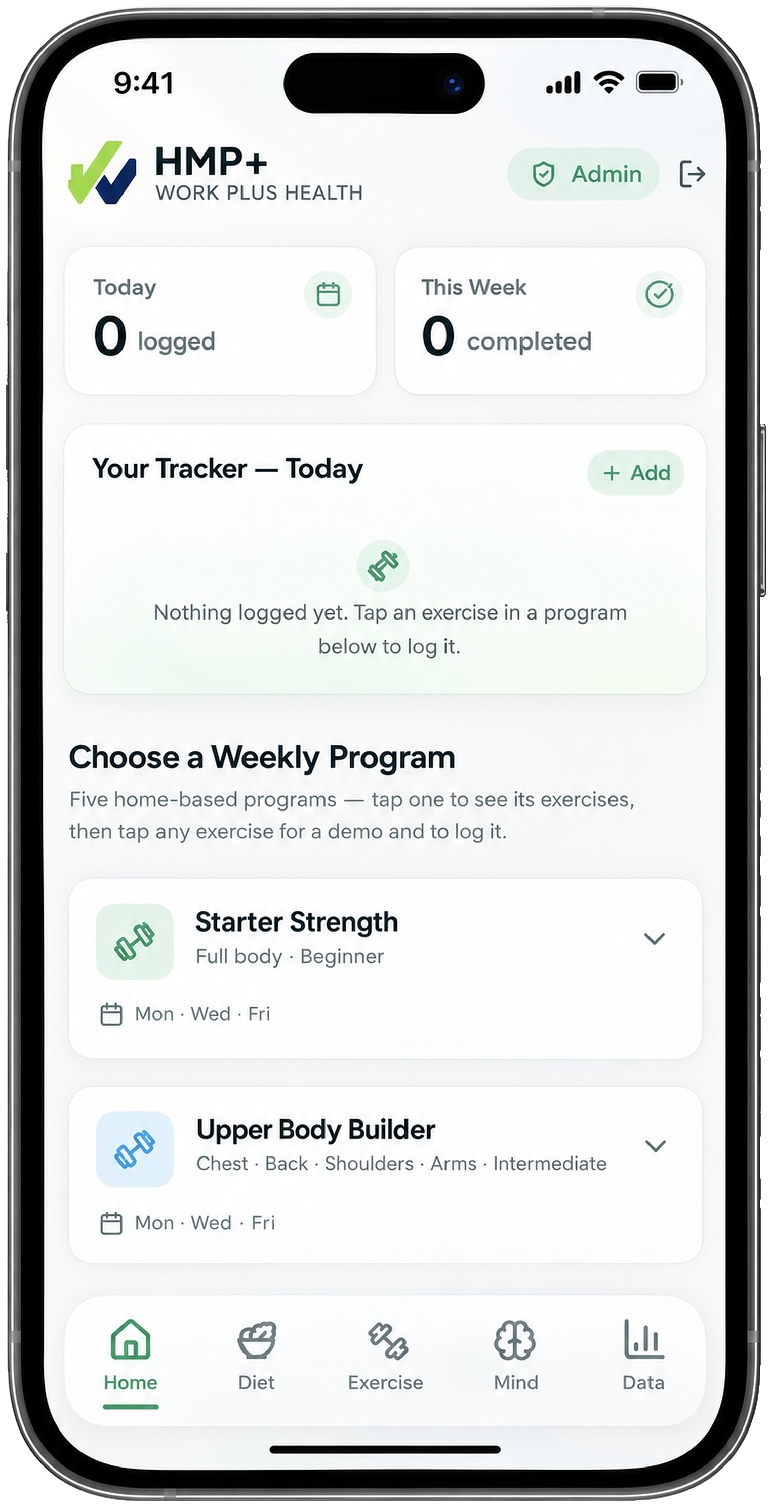 HMP+ exercise tracker and weekly programs