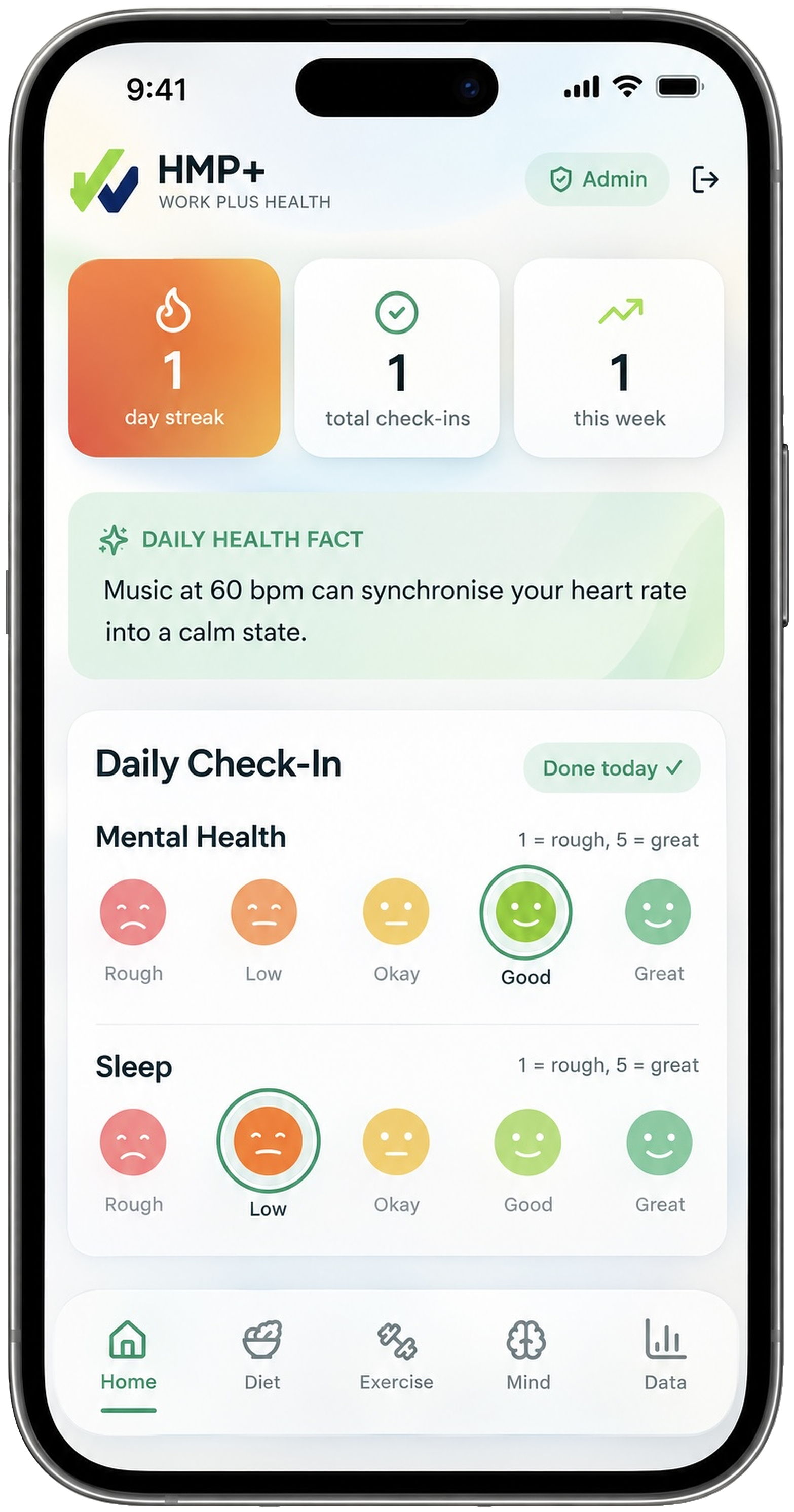 HMP+ home with daily check-in and health fact