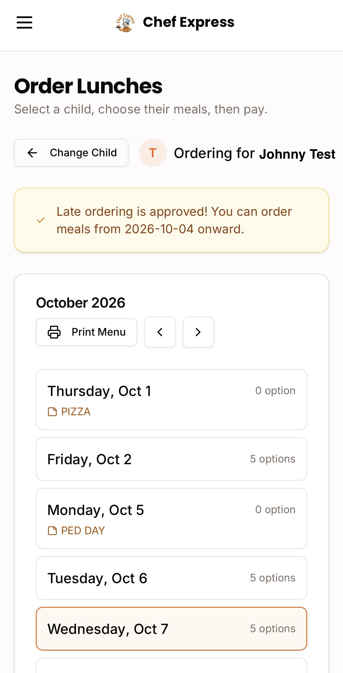 Browse the monthly menu calendar