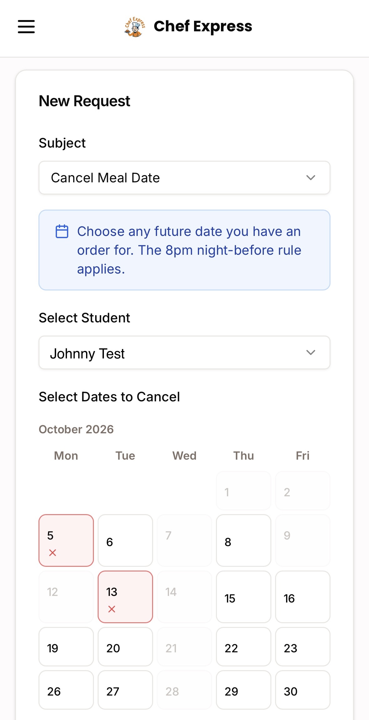 Submit a request — cancel a meal date