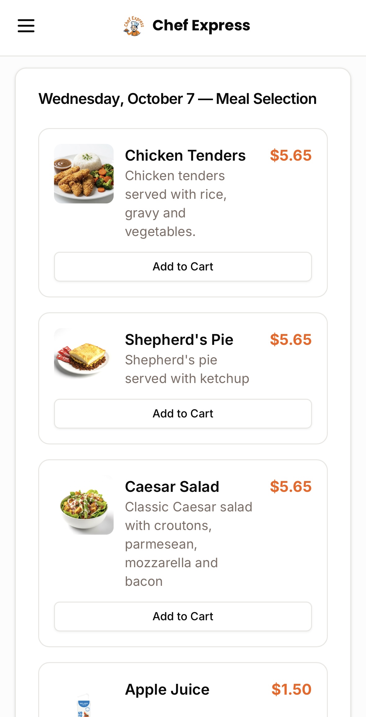Pick meals for each school day