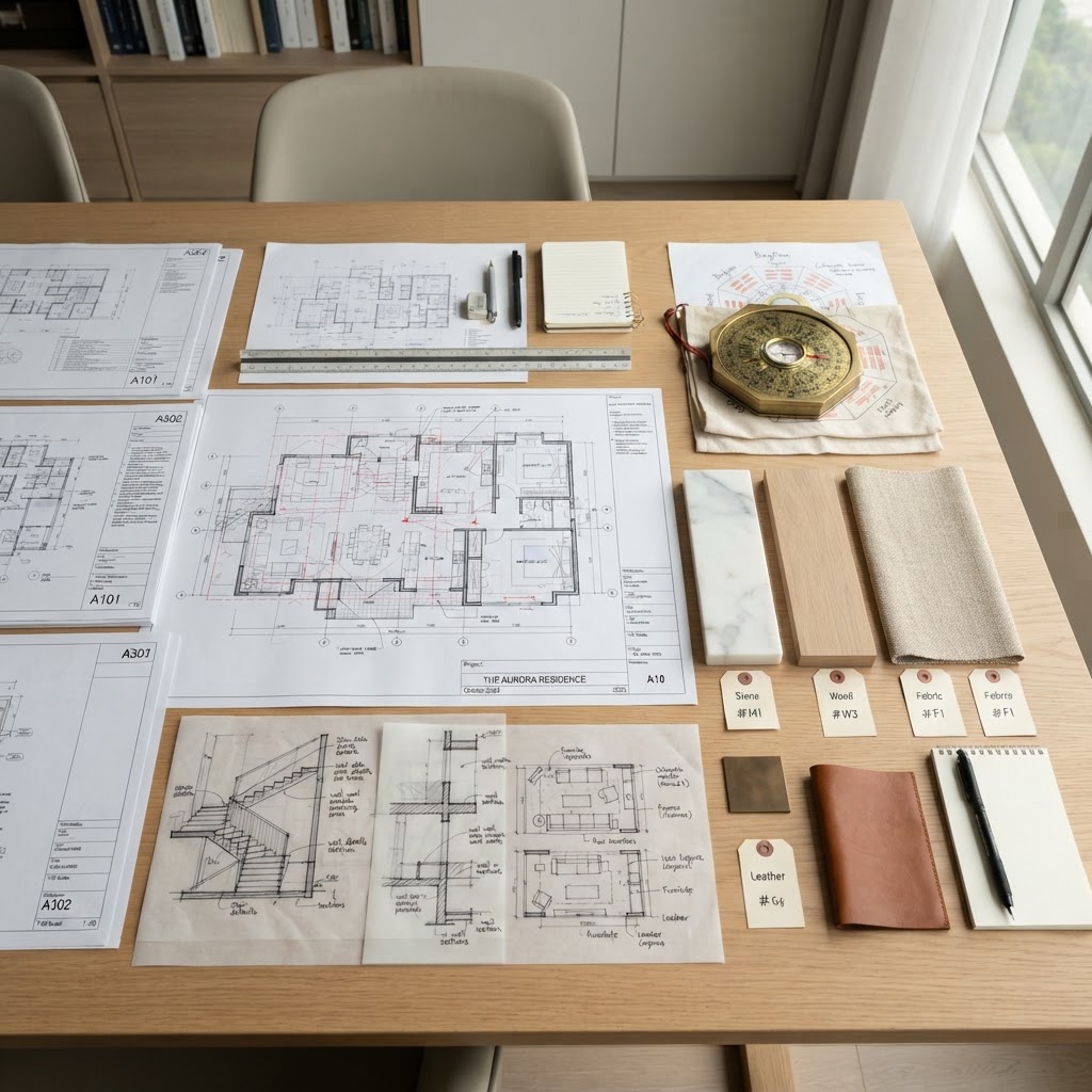 Mesa de trabajo arquitectónica con planos, documentación técnica y muestras de materiales, estudio profesional de análisis