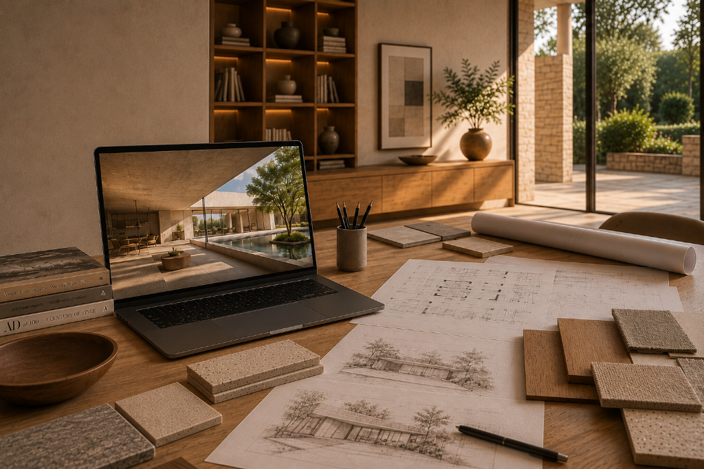 Render arquitectónico fotorrealista junto a planos y muestras de materiales, diálogo entre la visualización y la realidad
