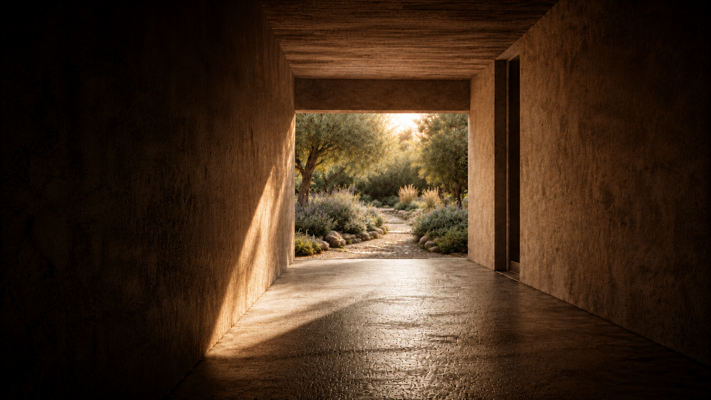 Corredor arquitectónico que conduce hacia un jardín contemplativo bañado por la luz natural