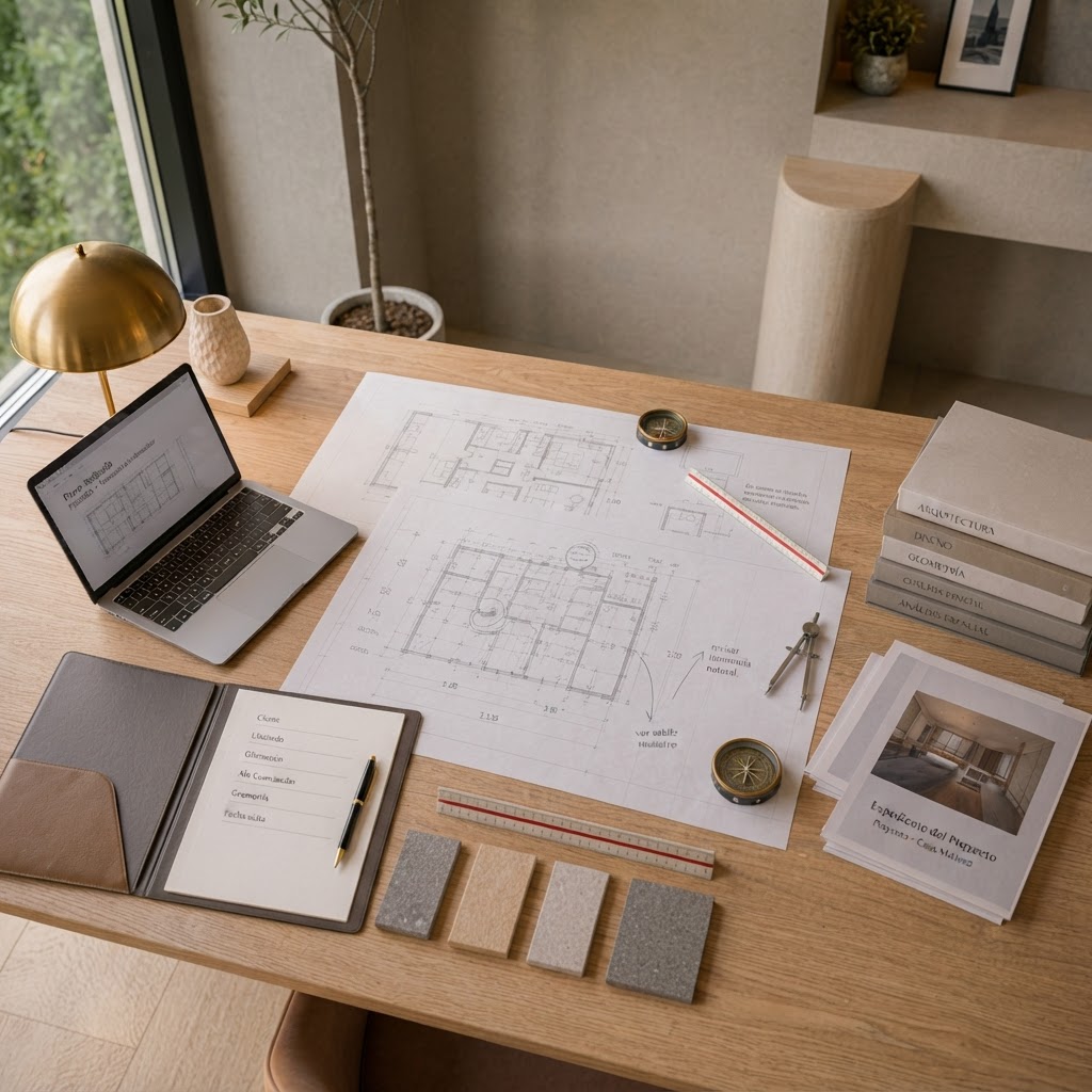 Mesa de trabajo arquitectónica en fase de planificación con planos y muestras de materiales, luz natural abundante
