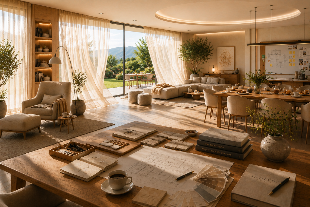 Epílogo · El espacio habitado · hogar luminoso terminado, jardín abierto, cortinas en movimiento y mesa con planos, muestras y libros Xiao Hong