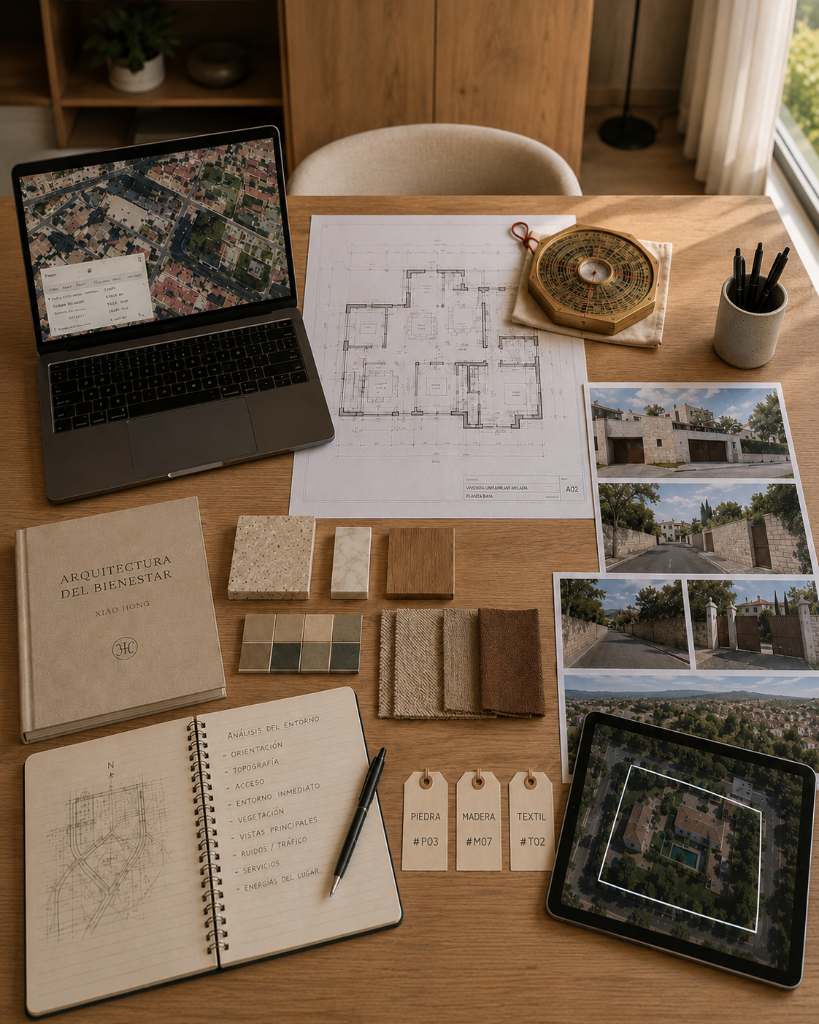 Mesa de trabajo con planos arquitectónicos, brújula Luo Pan, muestras de materiales y portátil con geolocalización, estudio profesional donde comienza un proyecto a distancia