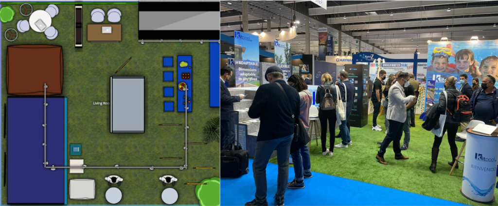 Plano del stand y fotografía de la feria, donde la estrategia previa se relaciona con el resultado obtenido