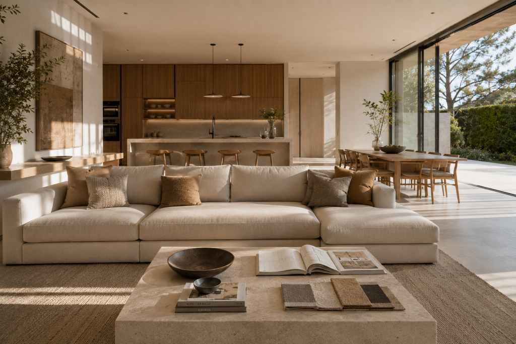 Interior contemporáneo de gran calidad, muy luminoso, con planos y muestras de materiales de forma discreta