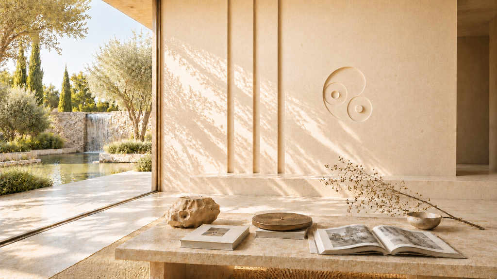 Belleza visible, bienestar invisible · interior de piedra cálido que se abre a un jardín con estanque y olivos, donde la luz del atardecer dibuja sombras sobre la mesa