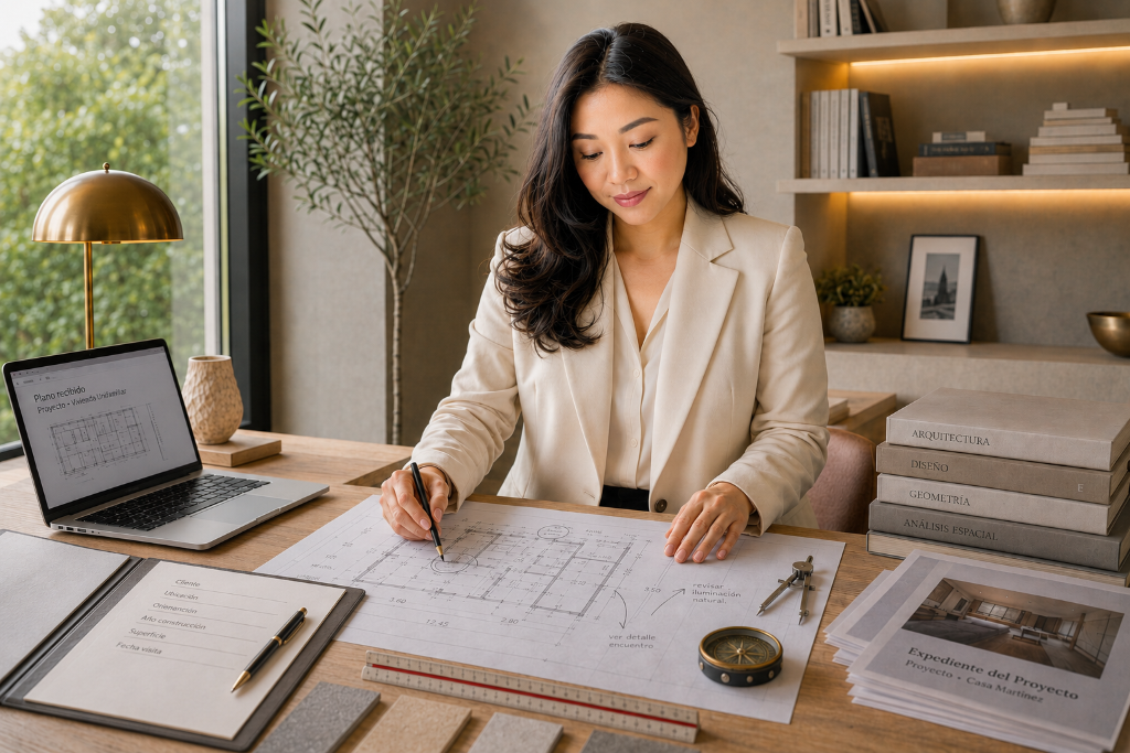 Xiao Hong estudiando planos arquitectónicos en su mesa de trabajo, acompañada de documentación técnica y materiales