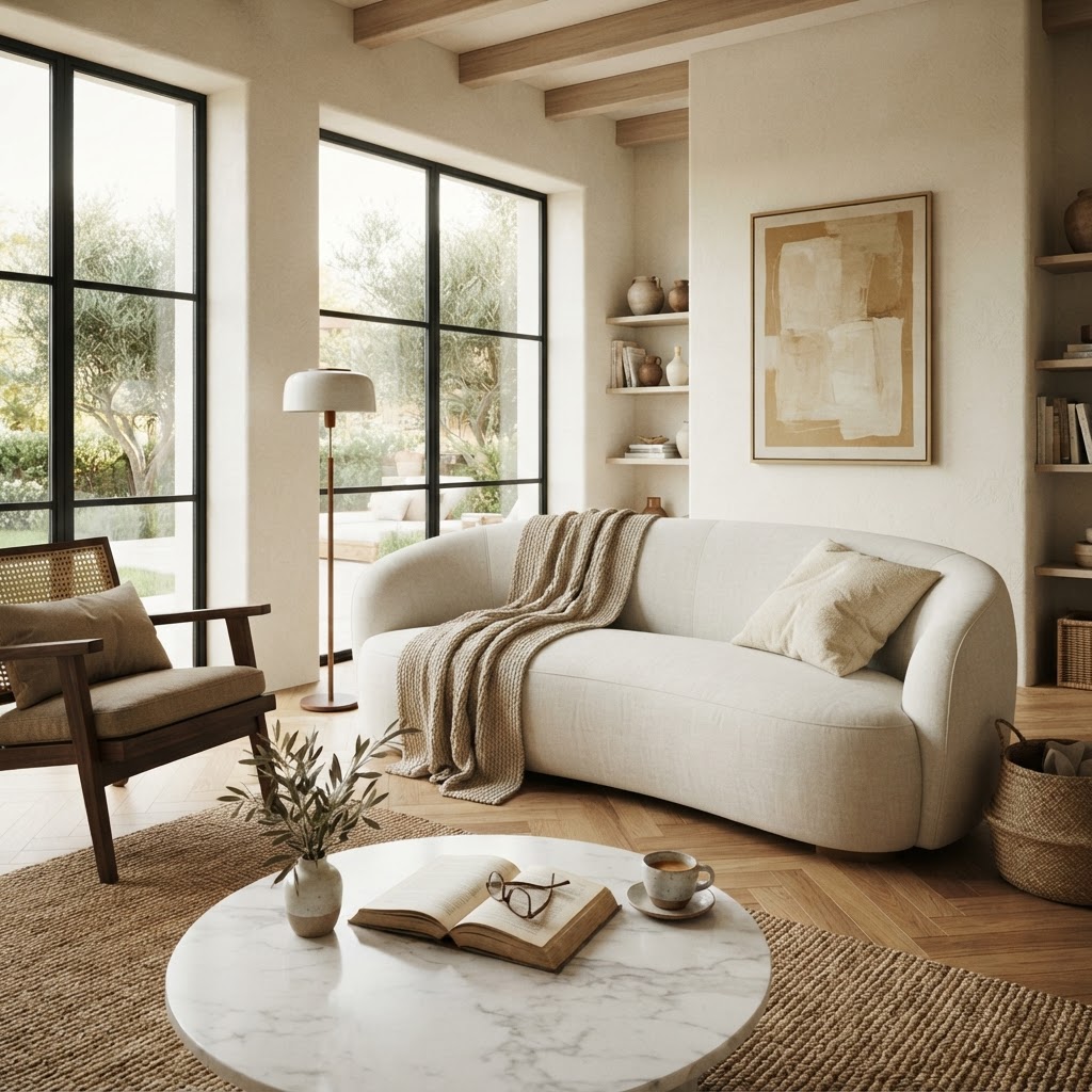 Salón contemporáneo cuidadosamente diseñado con una manta sobre el sofá y un libro abierto sobre la mesa, hogar agradable
