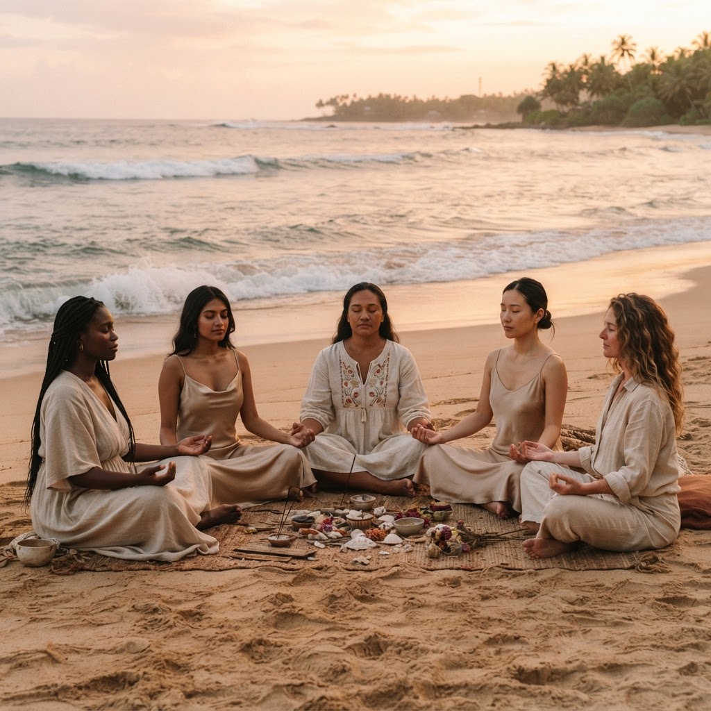 A diverse circle of women in ceremony on the shoreline at golden hour