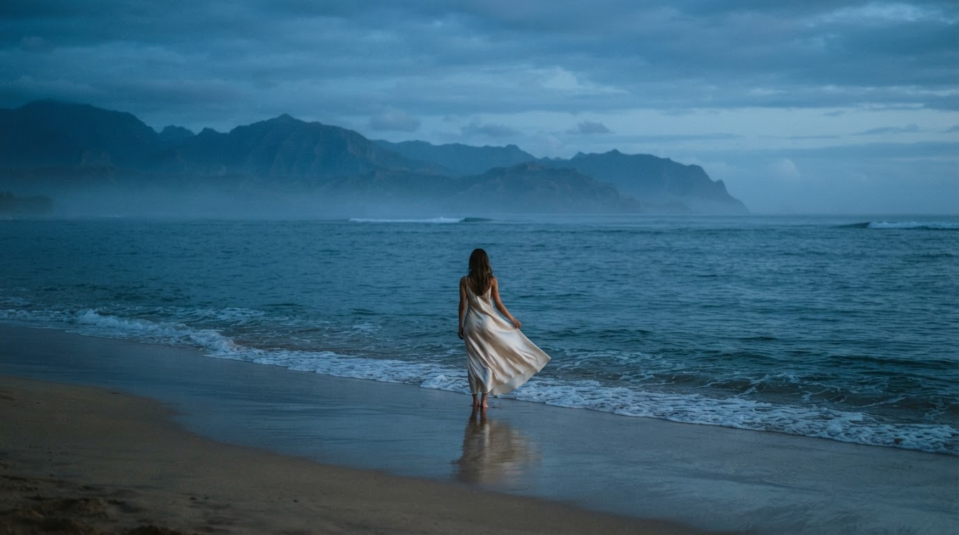 A figure standing at the edge of the ocean at twilight