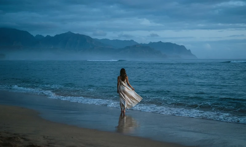 A single person standing at the edge of the ocean at twilight