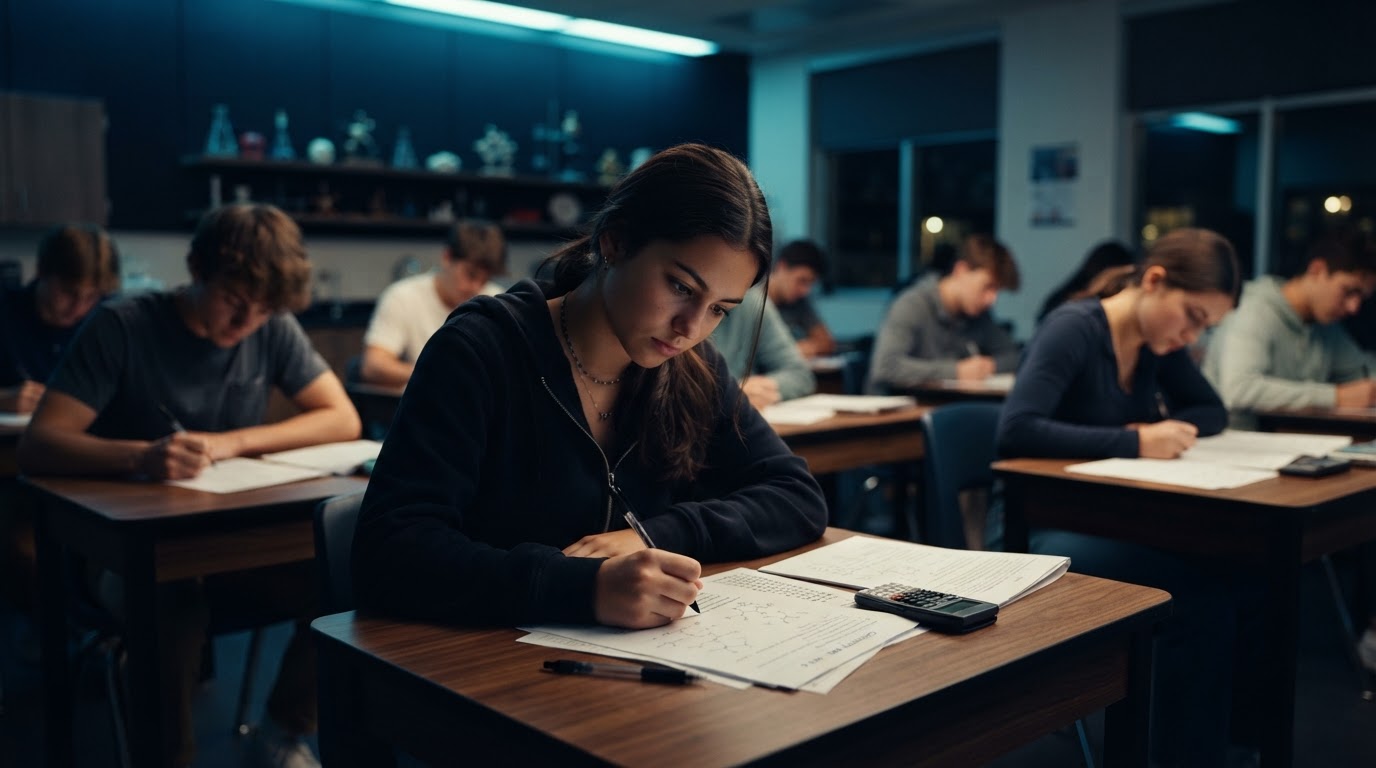 Sala de aula com estudantes em prova