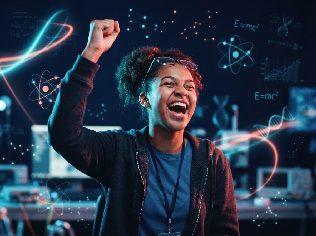 Estudante celebrando uma descoberta