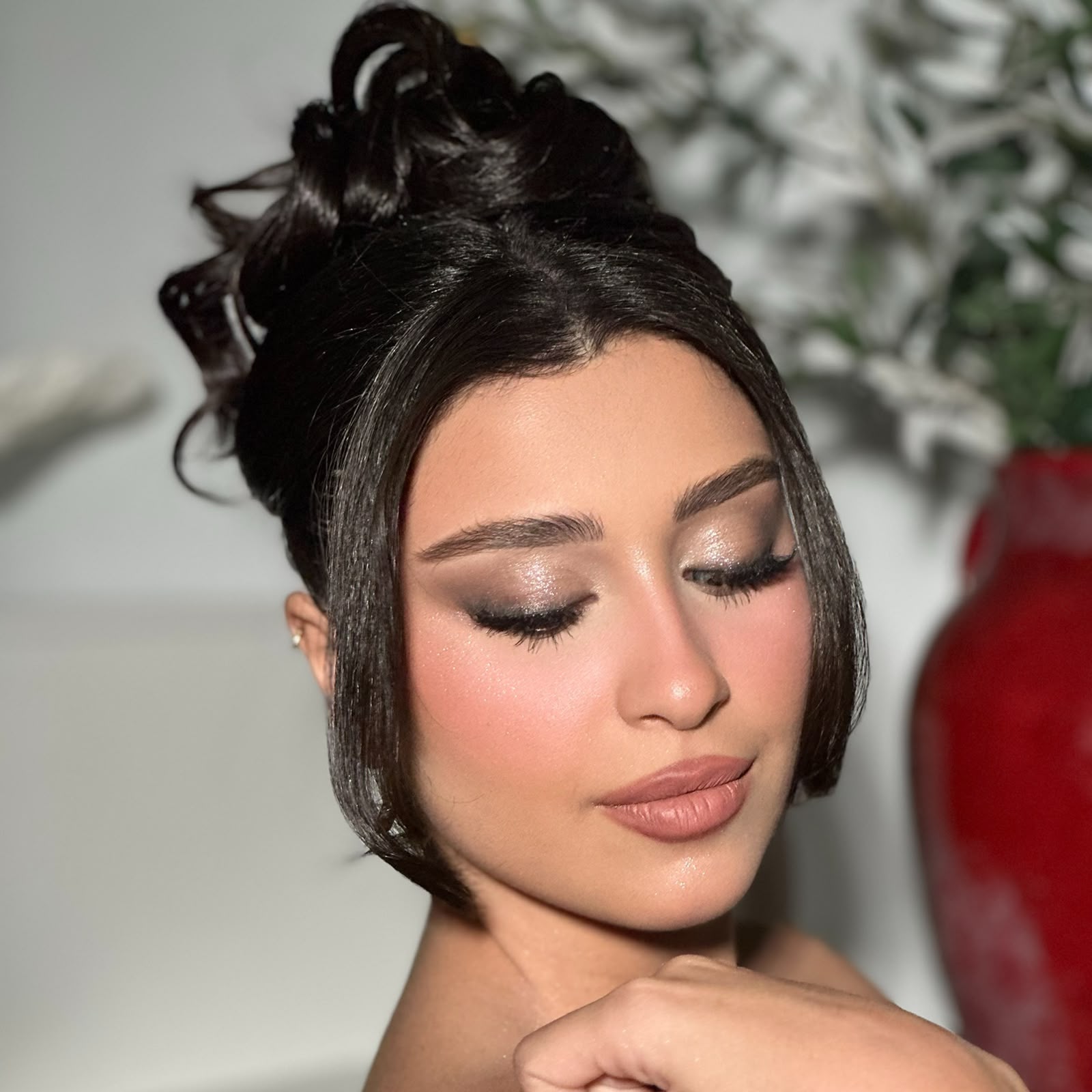 Lady D Beauty Lounge — elegant updo soft glam eyes closed