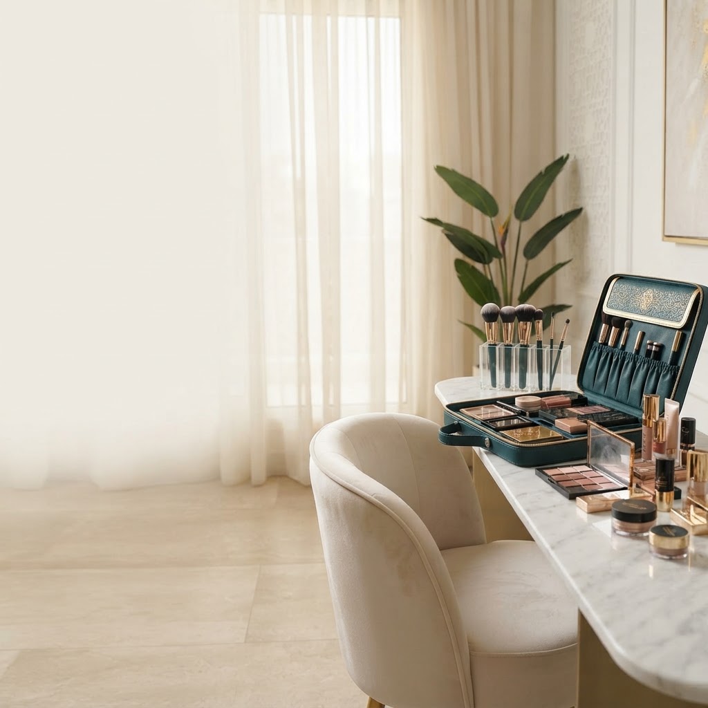 A professional beauty kit laid out for an at-home session in warm natural light