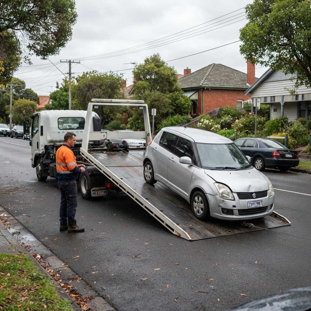 A damaged hatchback being winched onto an Australian tilt-tray truck on an urban Hobart street