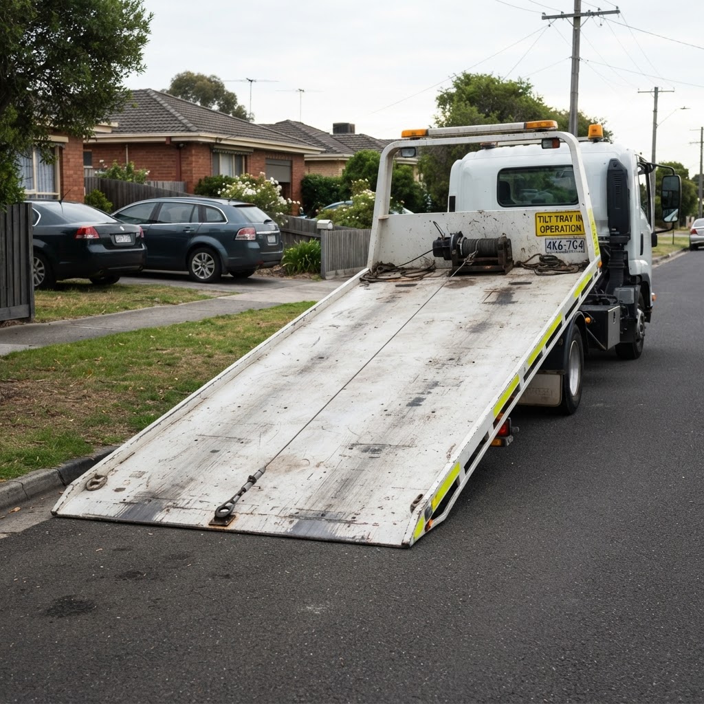 Close-up of a steel tilt-tray truck bed lowered to the ground with winch and chains