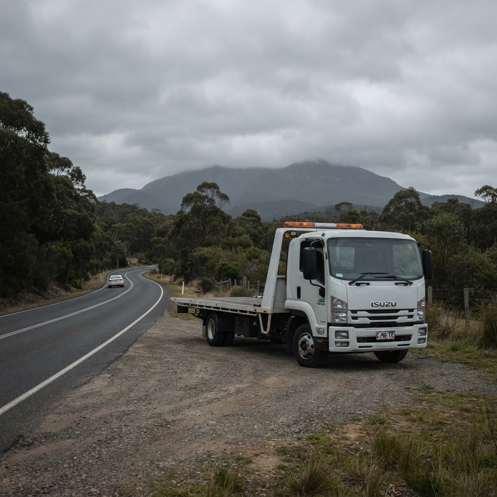 An Australian tilt-tray tow truck parked on a Hobart-area roadside with Mount Wellington / kunanyi in the distance