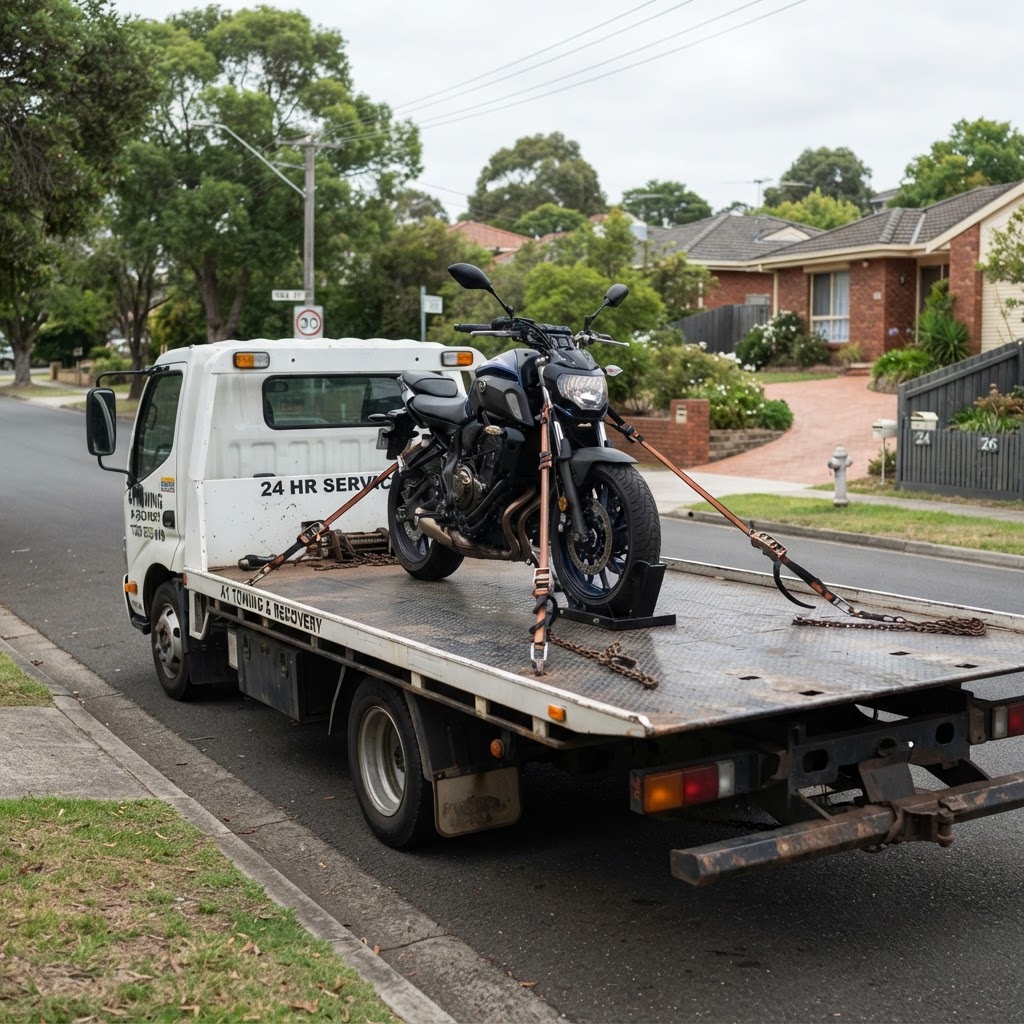 A motorcycle secured upright on the tray of a tilt-tray truck with tie-down straps