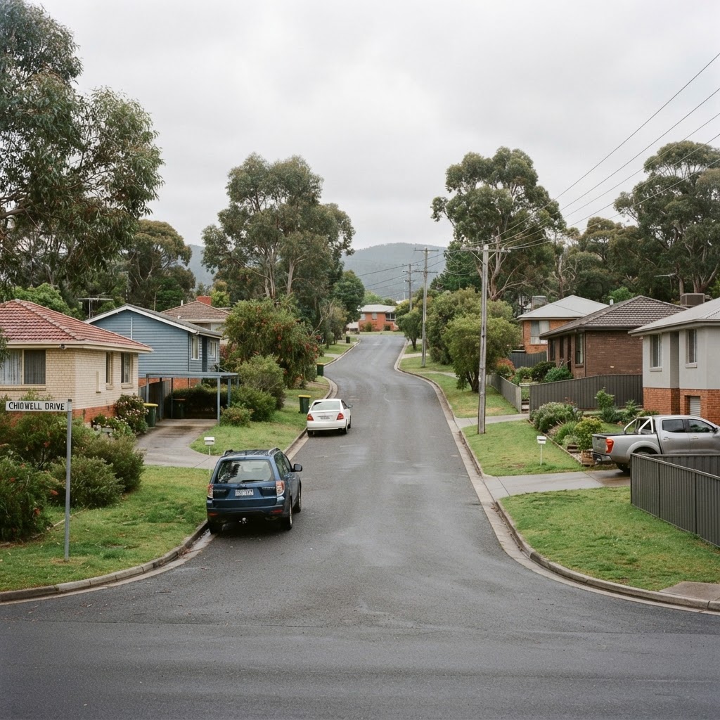 A quiet suburban street in Greater Hobart with mature trees, nature strips and parked cars