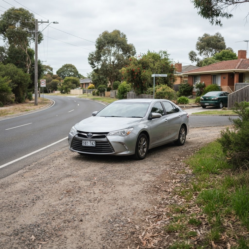 A sedan parked on the shoulder of a Tasmanian suburban road with hazard lights on
