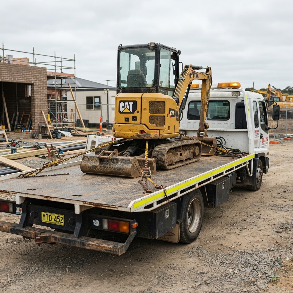 A small excavator loaded on the back of an Australian tilt-tray truck at a building site