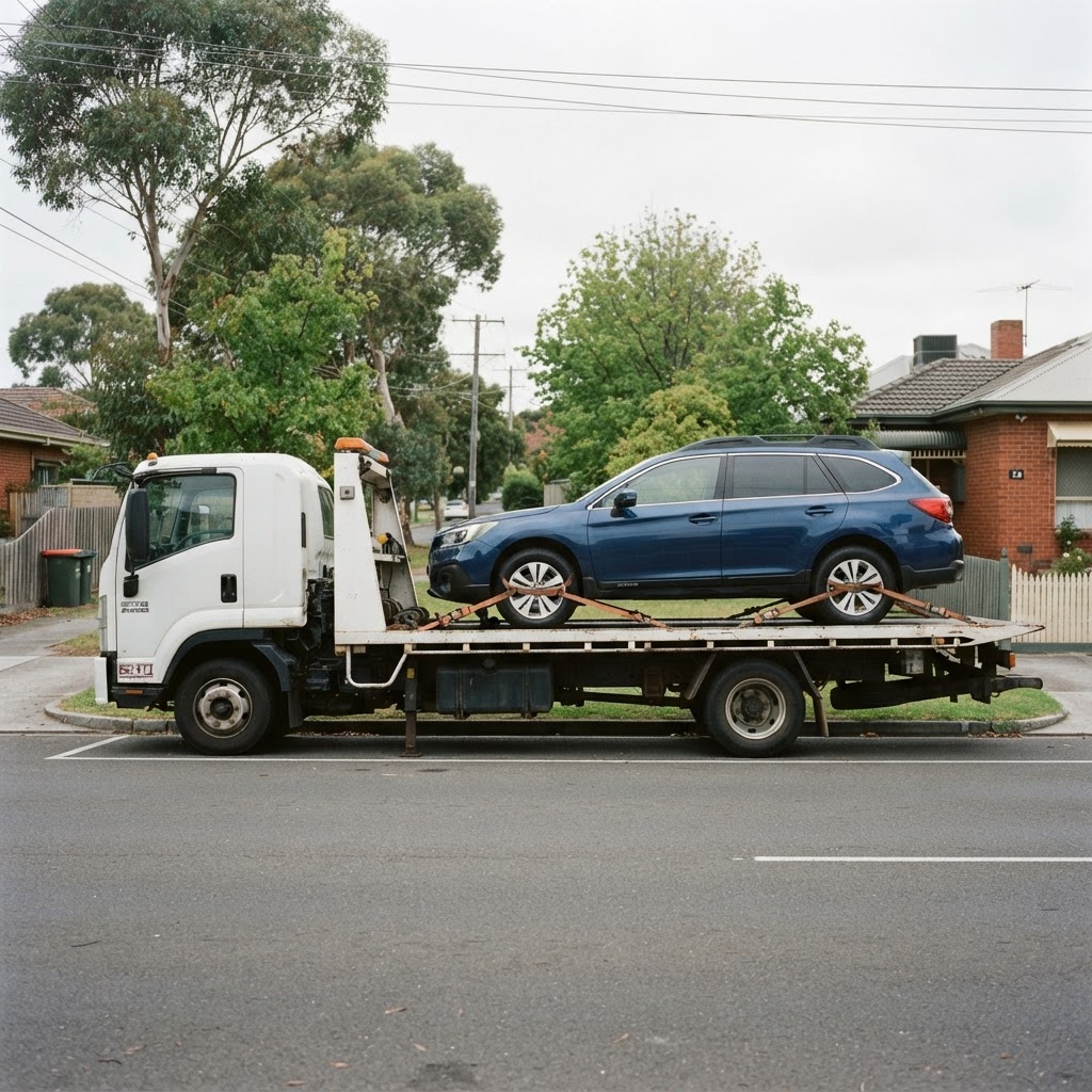 A passenger car secured on the flat bed of an Australian tilt-tray truck
