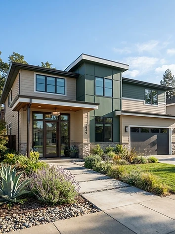Contemporary two-story Sacramento home with James Hardie panel and lap siding