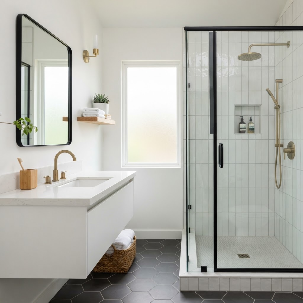 Guest bathroom renovation in Vacaville with wall-mounted vanity and subway tile