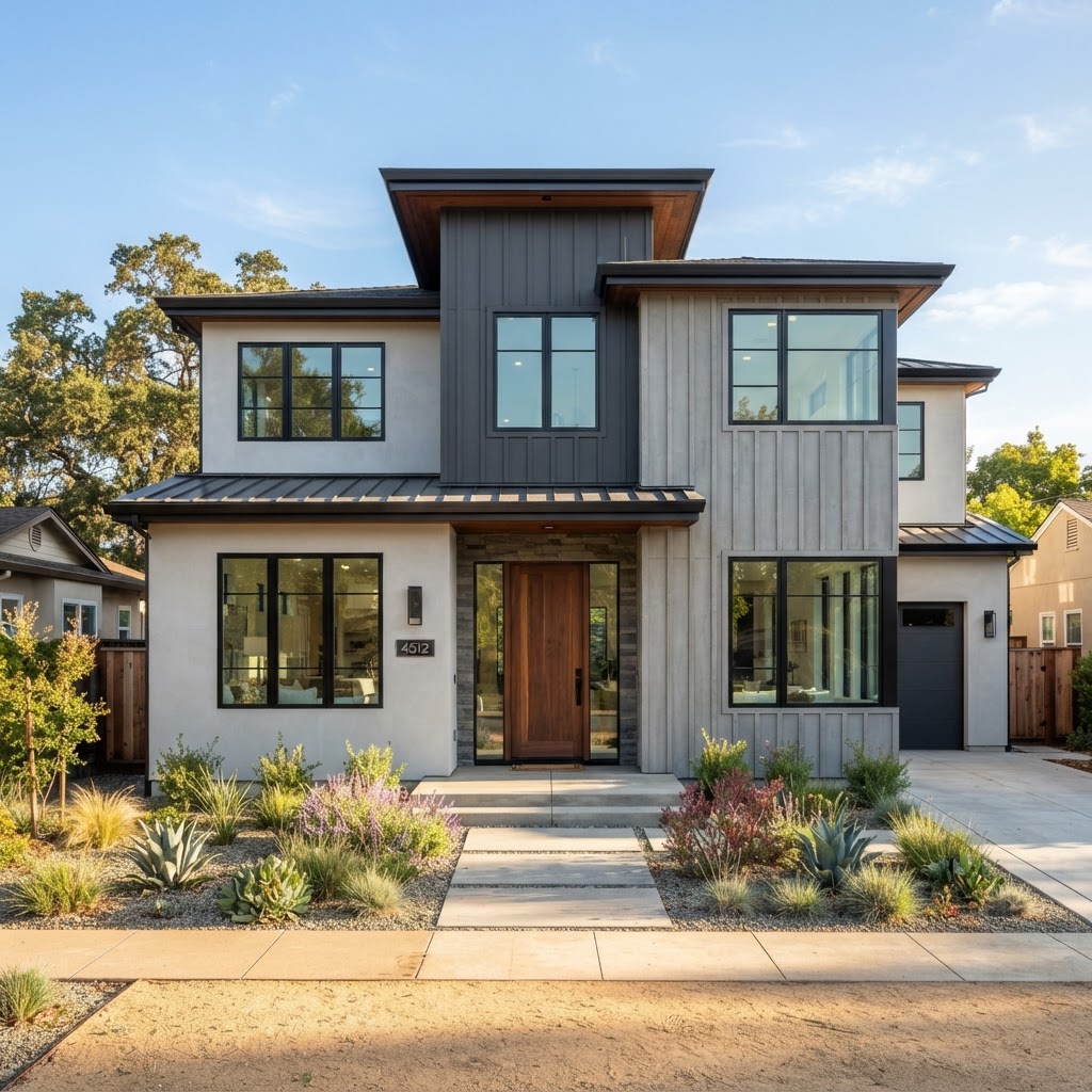 Modern stucco and siding mix exterior renovation in Oakley Northern California