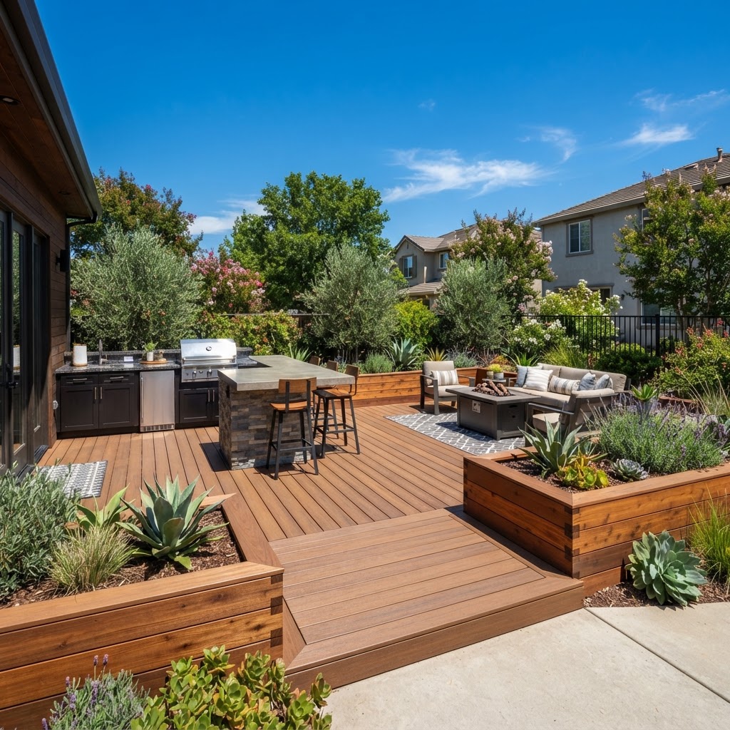 Deck with outdoor kitchen and built-in planters in Oakley California