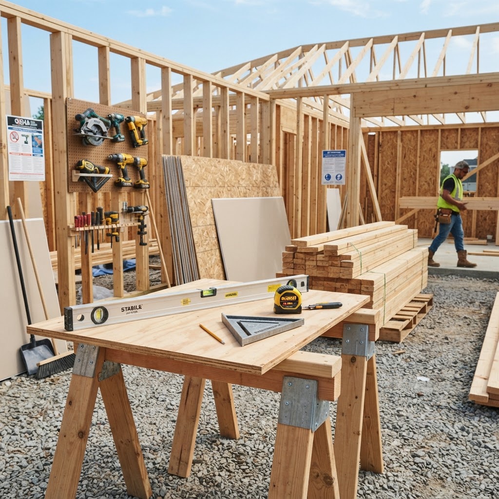 Clean, organized Apex Line Construction job site with neatly arranged tools and materials