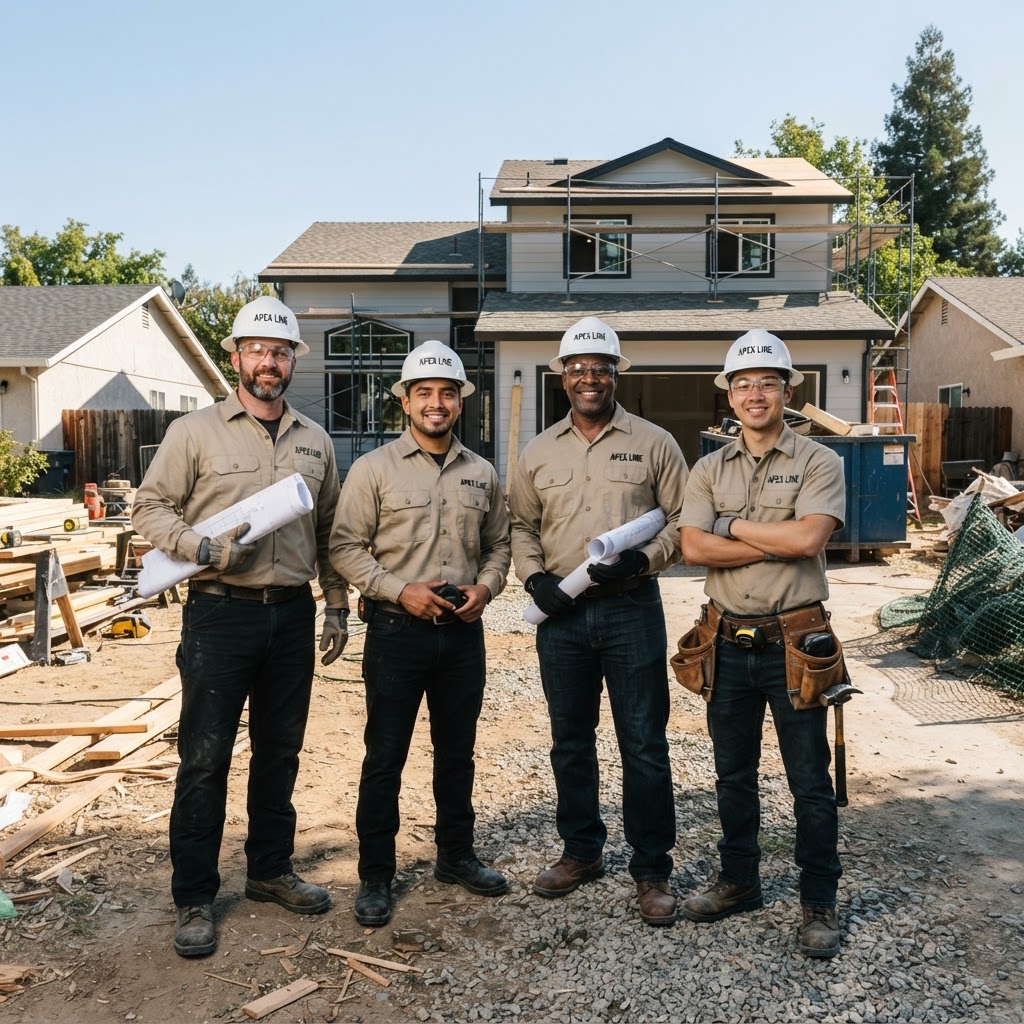Apex Line Construction crew in branded tan shirts and hard hats reviewing blueprints on a Sacramento residential remodel site