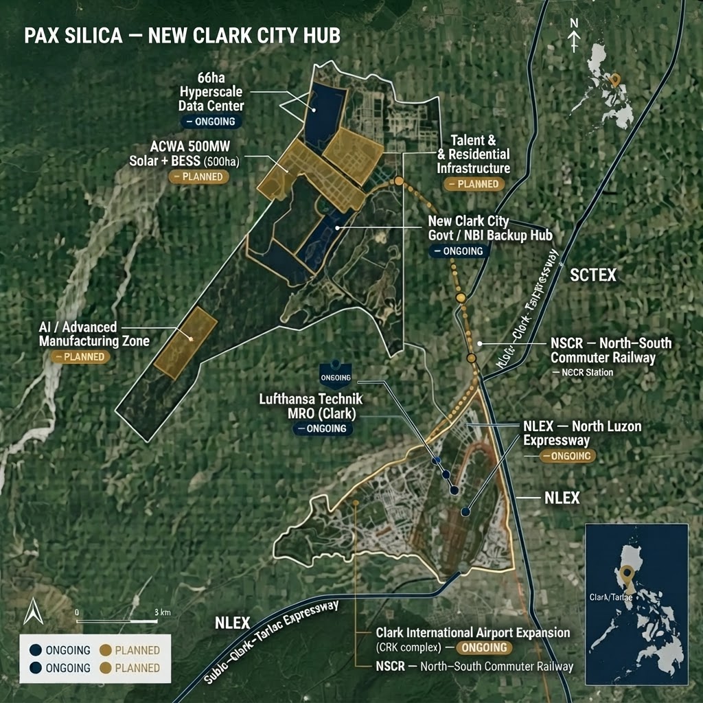 Pax Silica 부지 위치 항공/위성 지도 — 66ha 데이터센터, ACWA 500MW, NLEX, SCTEX, NSCR