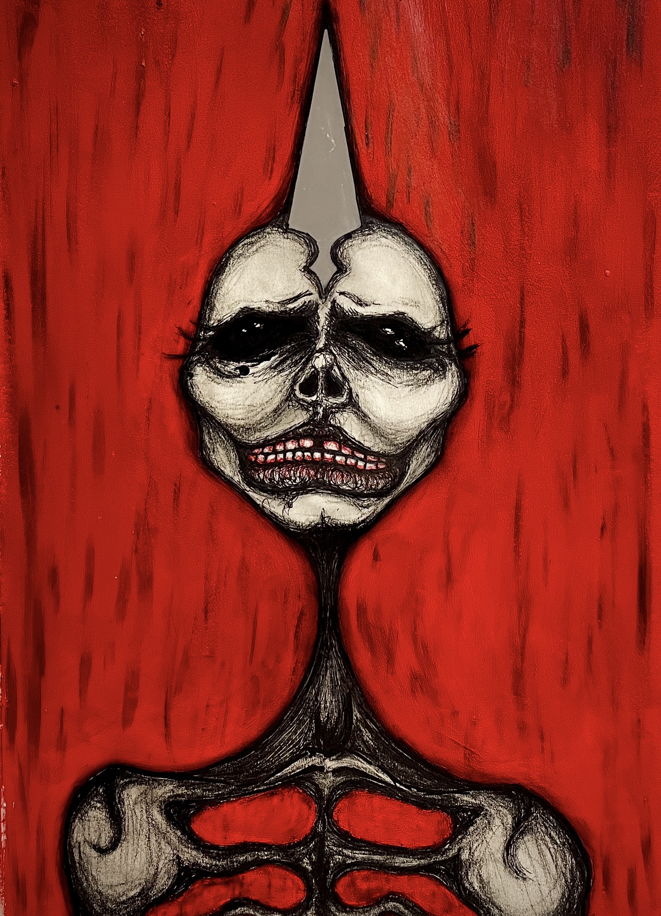 Portrait figure painted against a red background