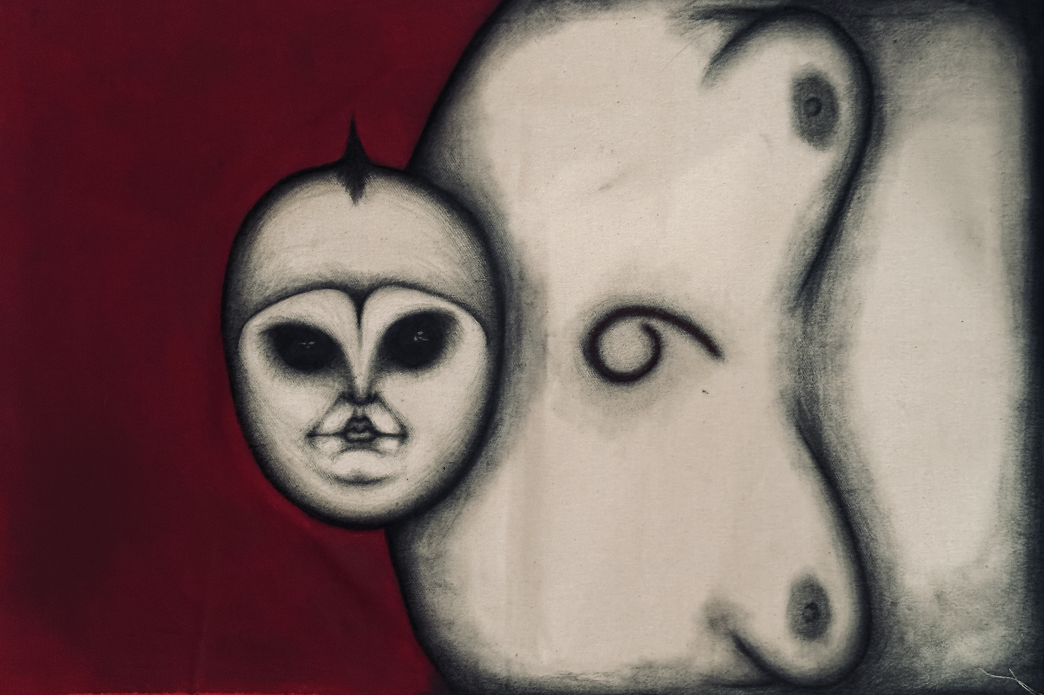 Charcoal face beside a torso on red and cream canvas