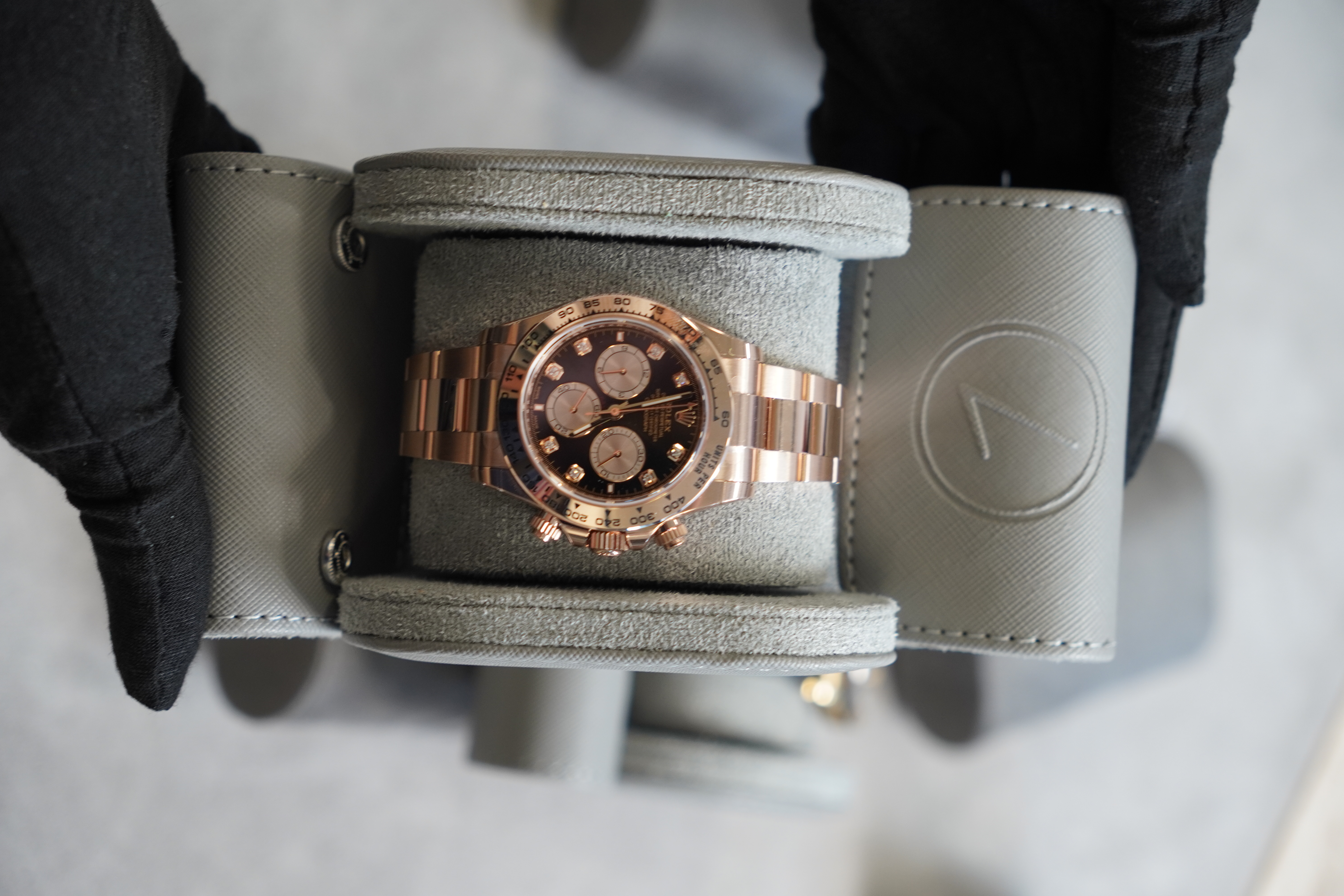 Rose gold Rolex Daytona in a Luxury Times watch case