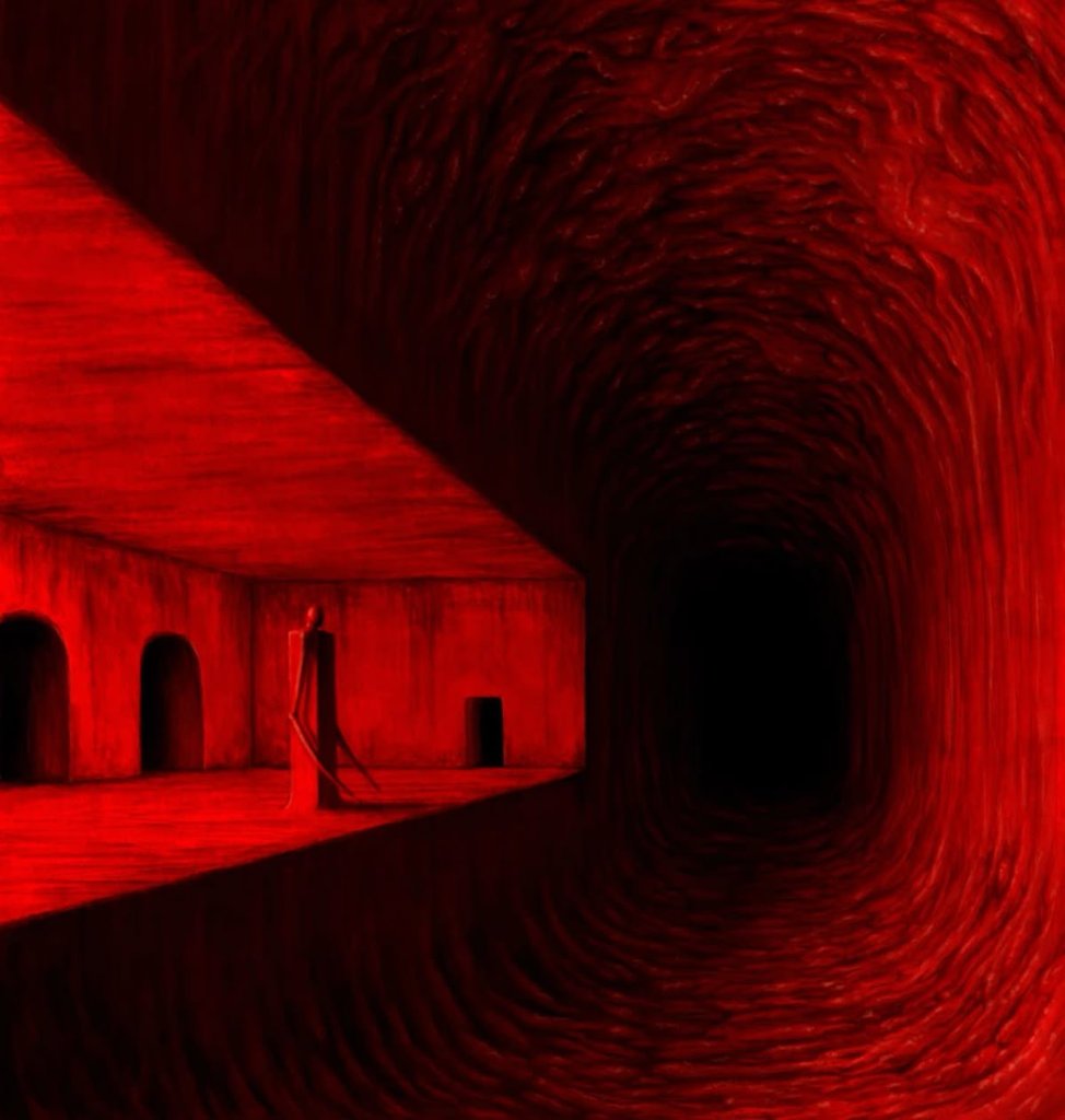 Suguru Tanaka painting of a lone figure in a glowing red tunnel