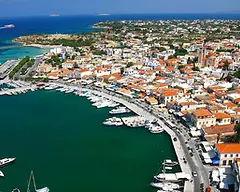 Aerial view of Aegina town, its harbour and the Saronic Gulf