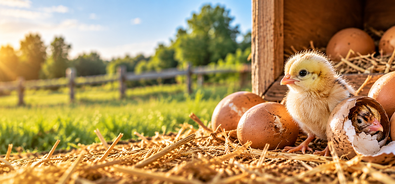 A chick hatching among eggs in a wooden coop with a sunrise field behind