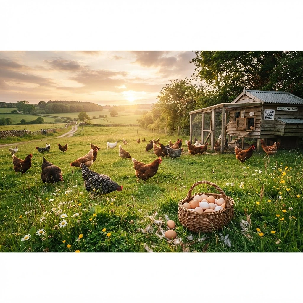 Free-range hens grazing in a field beside a wooden coop with a basket of eggs at sunset
