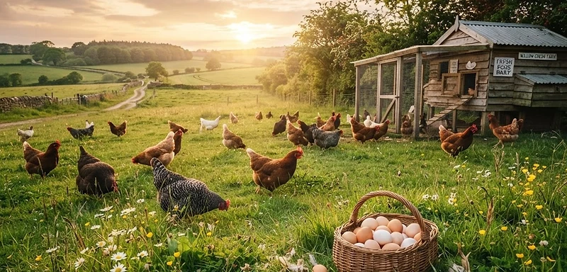 Free-range hens grazing in a field beside a wooden coop with a basket of eggs at sunset
